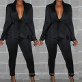 Formal Long Sleeve Blazer and Slim Pants V Neck Peplum Ruffle Women Suit